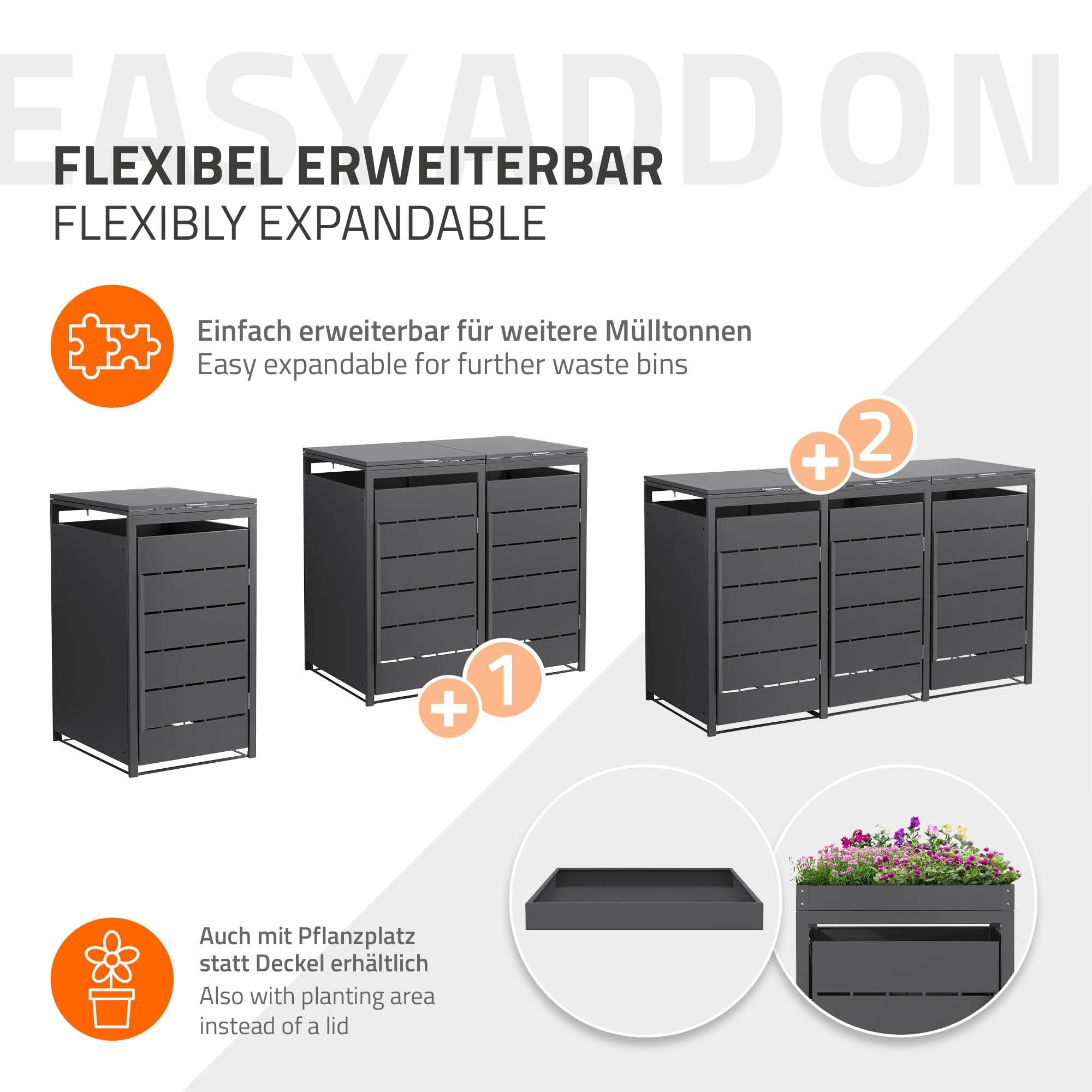ML-Design Mülltonnenbox 1er 240L, Mülltonnenverkleidung für 1 Mülltonne, Müllbox wetterfest, Mülltonnenhaus aus Stahl, Müllcontainer mit Klappdeckel & Tür, Gerätebox erweiterbar 68x80x120 cm Anthrazit