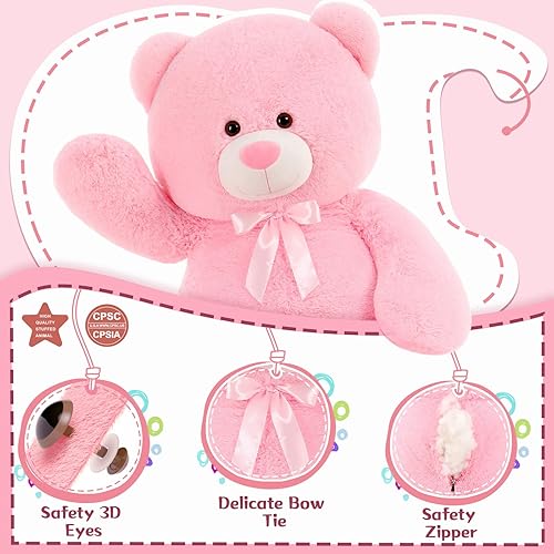 Miniatura 4 de MorisMos Oso de peluche rosa grande de 4 pies para niños, oso rosa grande de peluche para novia, oso de peluche rosa gigante para el día de San