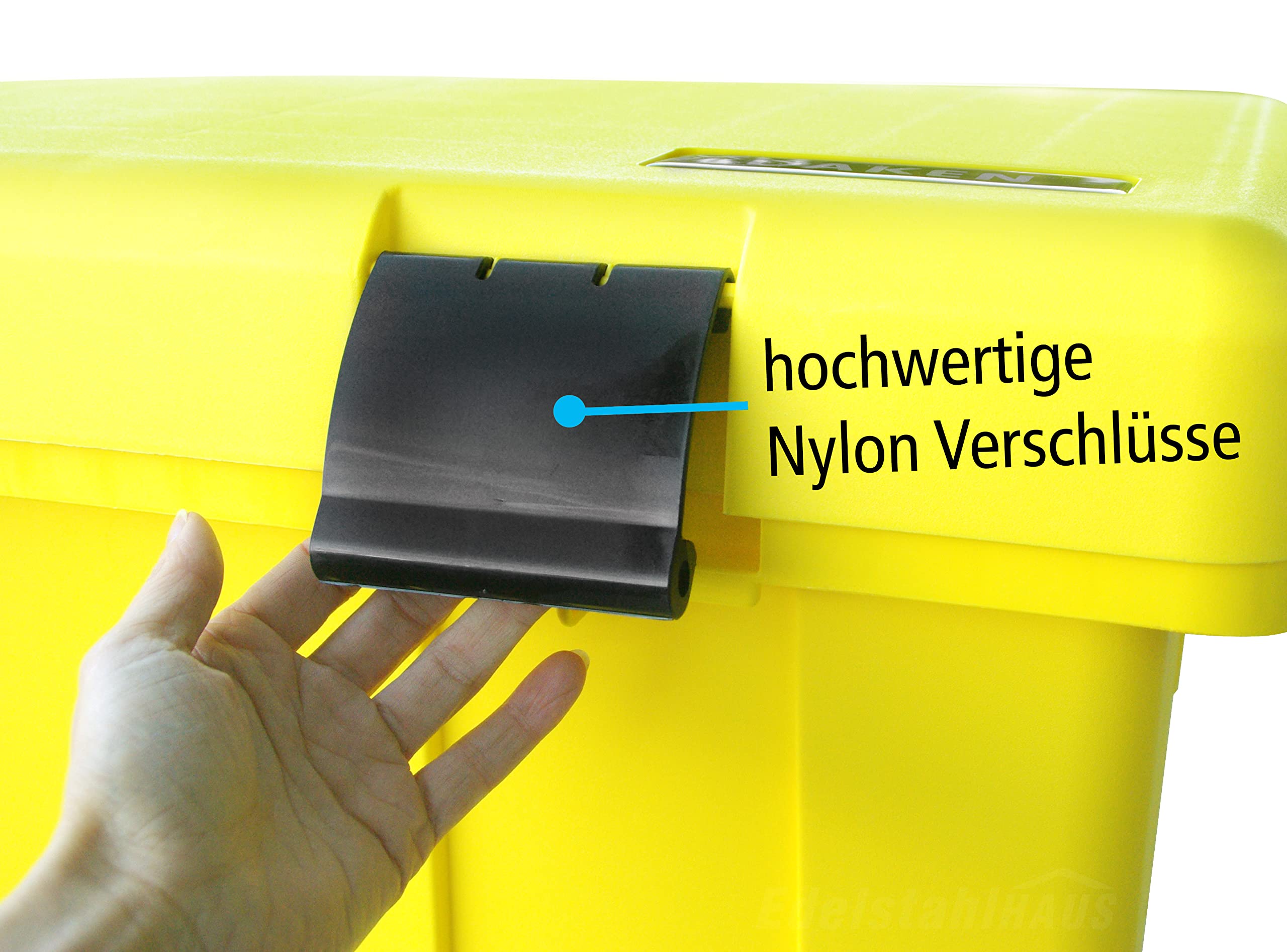 DAKEN Streugutbehälter 108 ltr. GELB, Streugutbox, Streusalzbox, Sandbox, Lagerbehälter, Pick-up Box, Anhängerbox, Deichselbox, Streukiste, Salzlager, Winterdienst, mit Schaufel