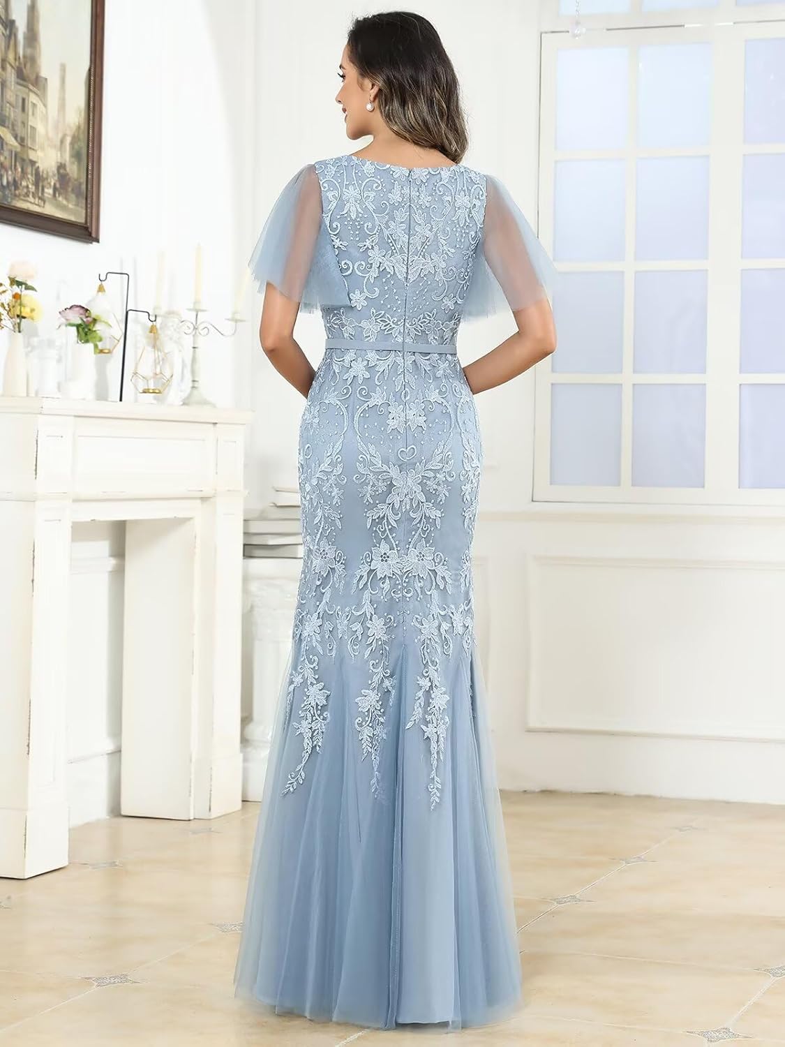 Short Sleeve Mother of The Bride Dresses for Women Mermaid Lace V Neck Long Formal Wedding Guest Dress