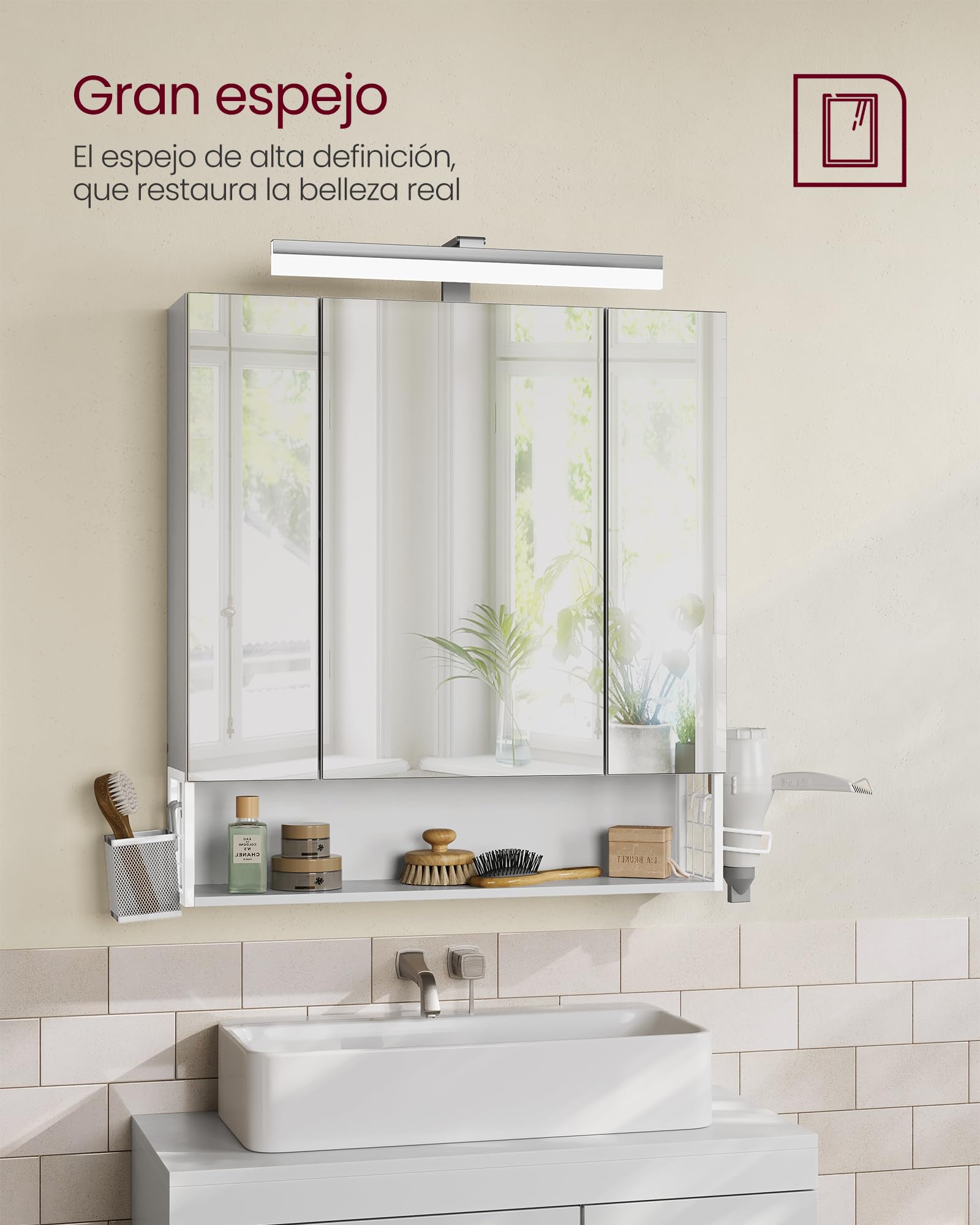 VASAGLE Mueble de Baño con Iluminación LED, 16,5 x 70 x 75 cm, Múltiple Toma de Corriente, Cesta Colgante, Soporte para Secador de Pelo, para Lavabo, Blanco Nube BBK126W01