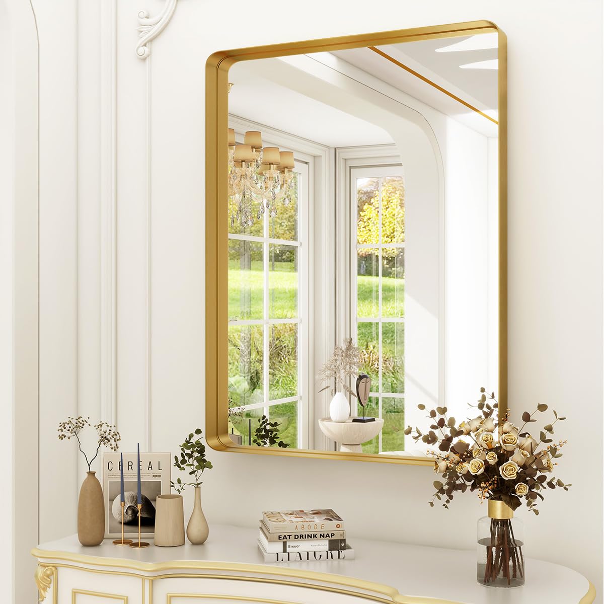 GLSLAND 30"x40" Wall Mirror for Bathroom Gold Aluminum Alloy Frame Rectangular Wall Mounted Mirror for Farmhouse Decor Horizontal or Vertical Ideal for Bedroom, Living Room