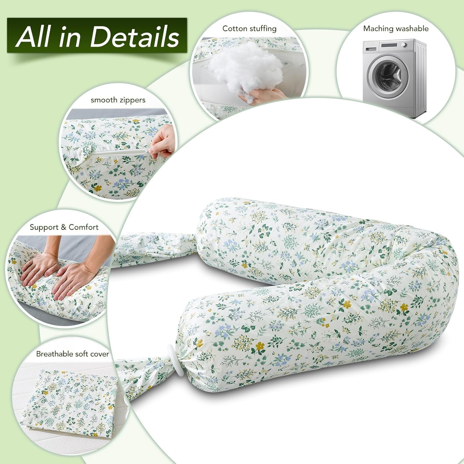 Full Body Pillow for Adults & Pregnancy - 55" Extra Long Round Cylinder Pillow for Side Sleepers, Adjustable Firmness, Breathable & Washable with Removable Floral Pillowcase