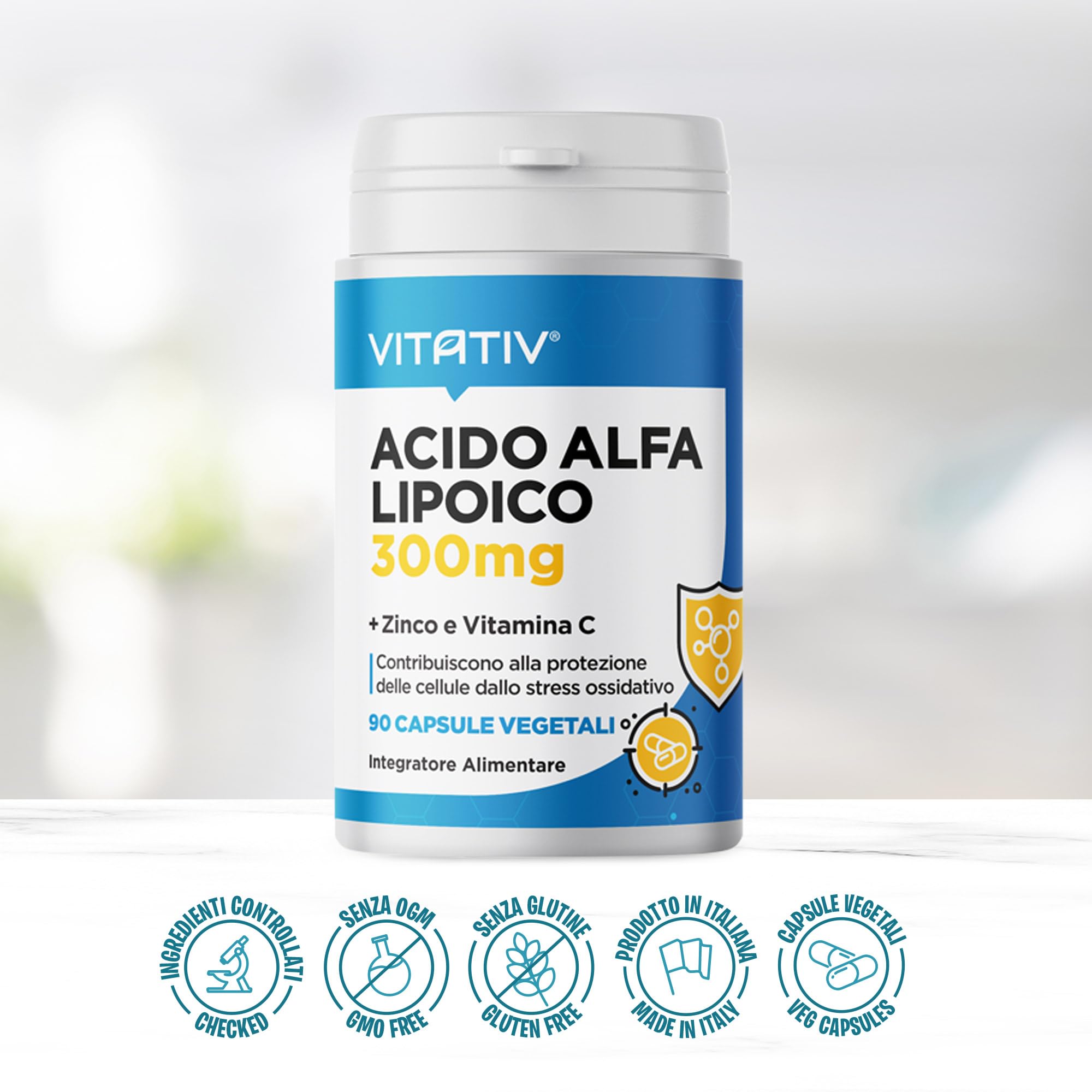 VITATIV Acido Alfa Lipoico ALA 300mg + Vitamina C e Zinco | Antiossidante | 90 Capsule Vegetali | Made in Italy