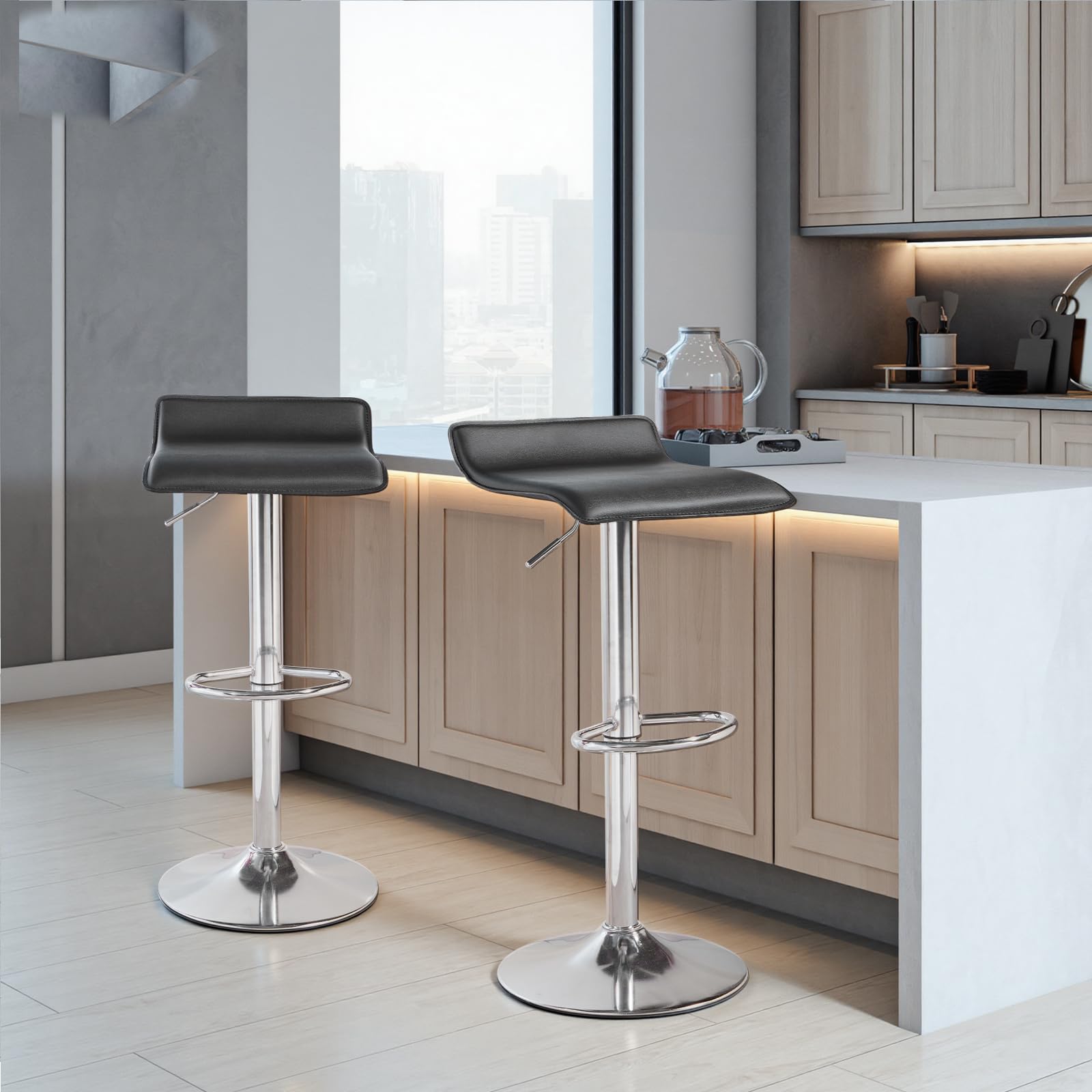 Panana Lot de 2 Tabourets de Bar, Chaises Haut, Hauteur Réglable, Revêtement en PU, Rotatif sur 360°, avec Dossier et Repose-Pieds, Pied Chromé, 39 cm (L) x 40 cm (l) x 67-87 cm (H) (Noir)