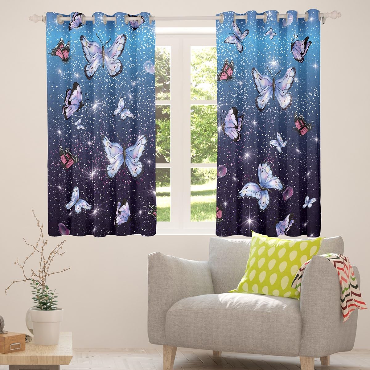 Tende oscuranti con farfalle viola fluorescenti, corte, set di 2
