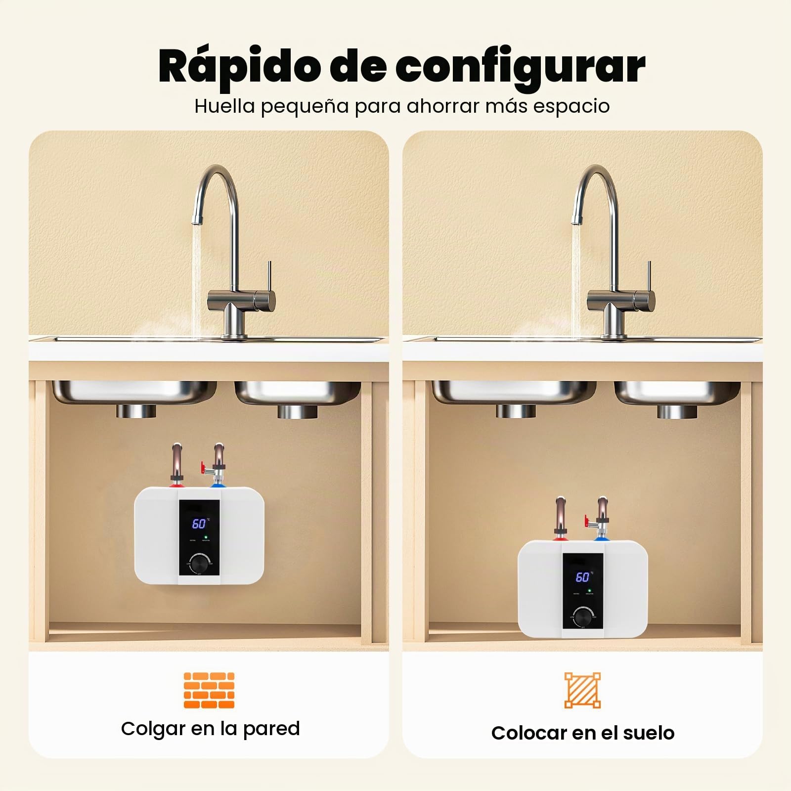 Caldera pequeña de 6 l, resistente a la presión, 1500 W, para cocina con pantalla LED, pequeño almacenamiento debajo de la mesa para el uso bajo fregaderos de cocina y lavabos
