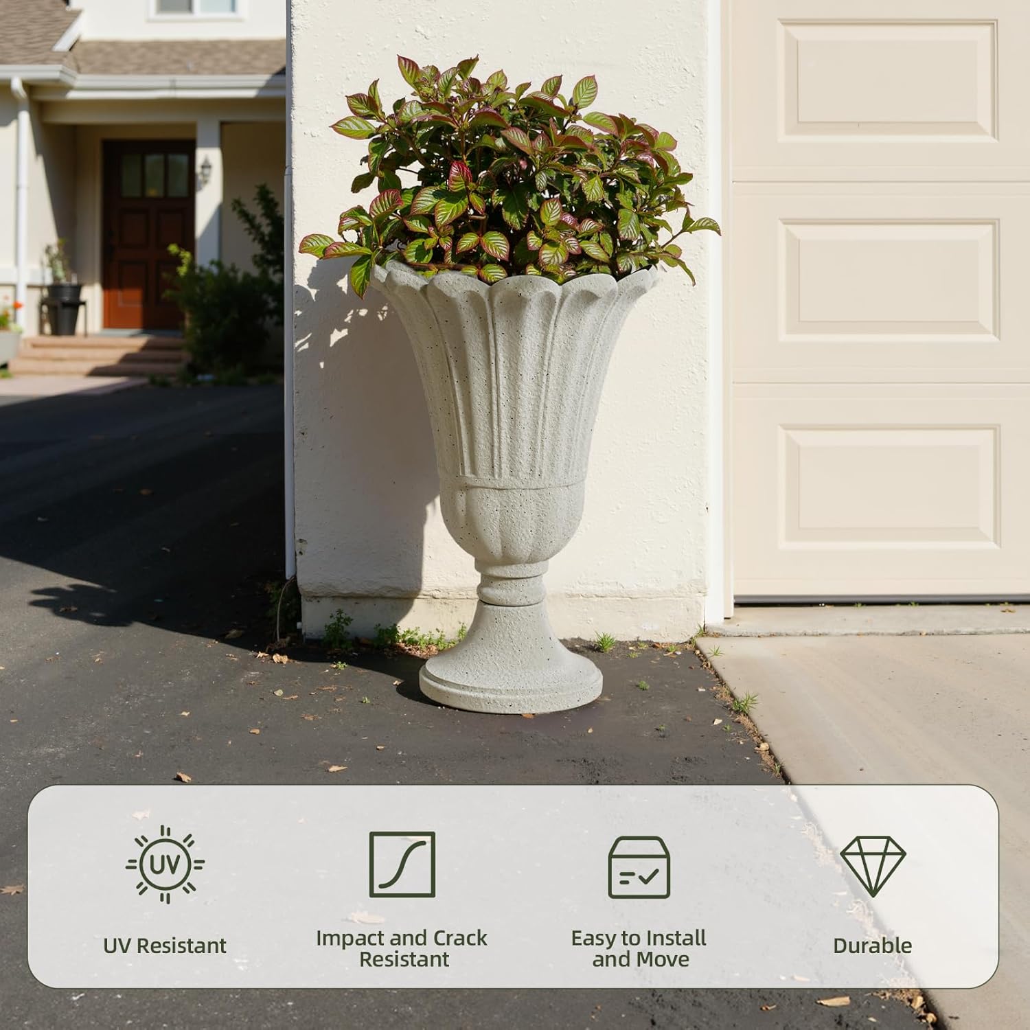 Tall Plastic Urn Planters for Outdoor Plants Set of 2-23.6" H Classic Petal Design Indoor Large Flower Pots with Drainage Holes, Outdoor Planters for Porch Decor/Garden Vase, Beige/Off White