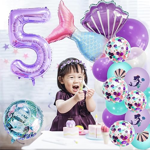 Miniatura 4 de Globo de 40 pulgadas morado número 5, globo gigante número 5, globos de sirena para cumpleaños de 5 años, suministros de decoración para fiesta de