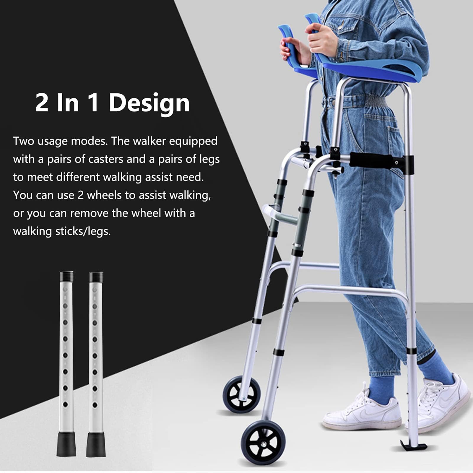 Andador Portátil para Adultos, Andador con Ruedas, Altura Ajustable, Apoyabrazos y Respaldo Acolchados, Andador Médico Ideal para Personas Discapacitadas, 8 Niveles de Altura