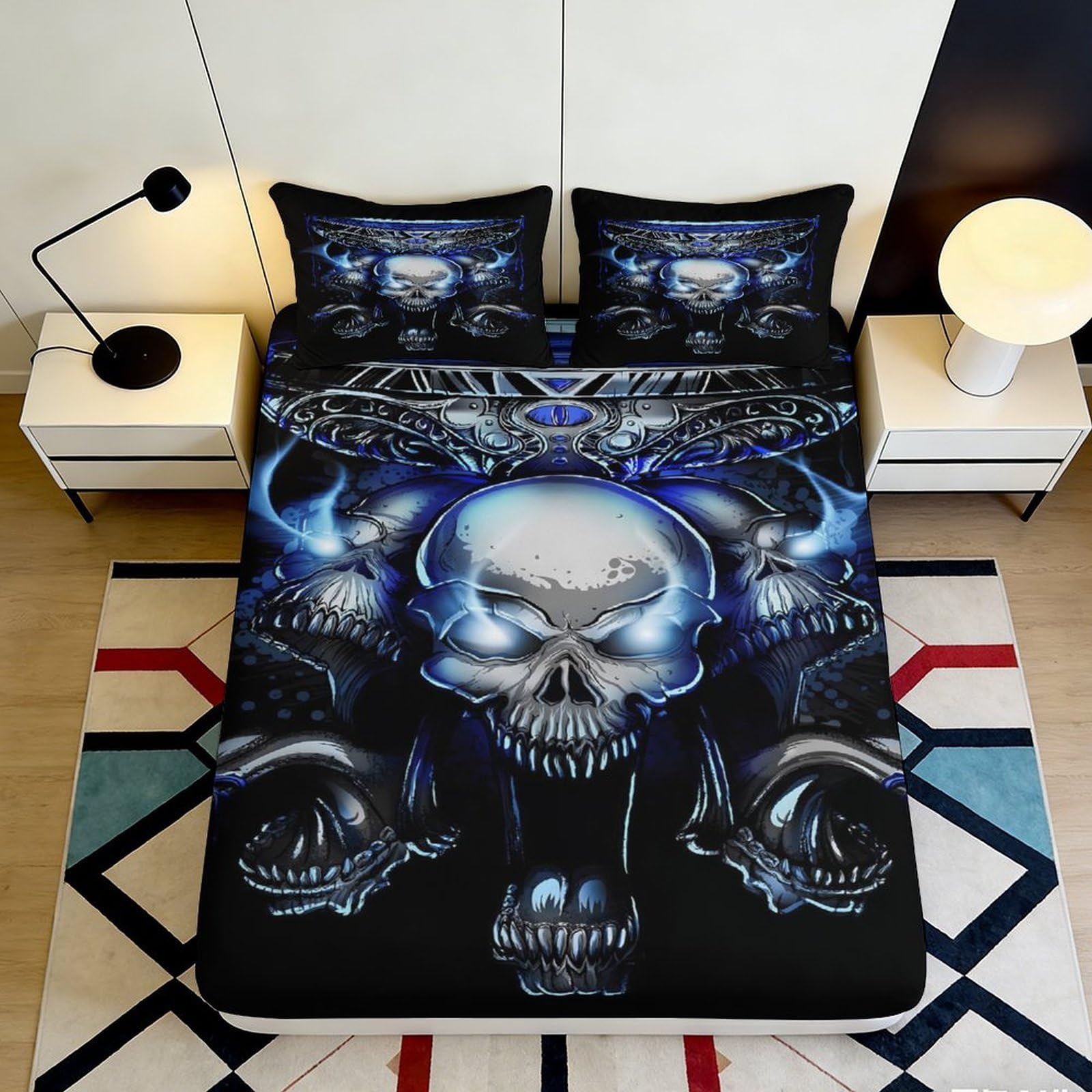 Uynsixtme Style-3 3D Printed Skull Fitted Sheet Microfiber Bedroom Bedding Deep Pocket Skull Mattress Fitted Cover Non-Slip Full Wrap Washable For Adults Teens 140X200x25cm