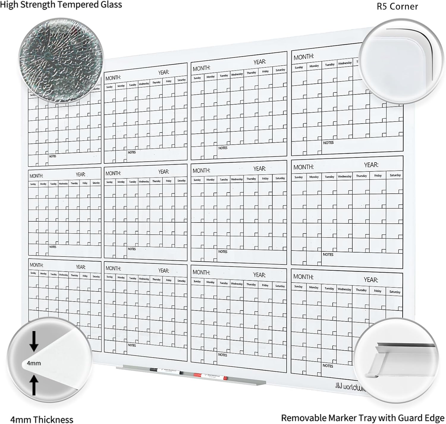 Magnetic Whiteboard Glass Board Yearly Calendar - 35" X 47" Large Wall Whiteboard - Dry Erase Planner for Wall Home, School, Office