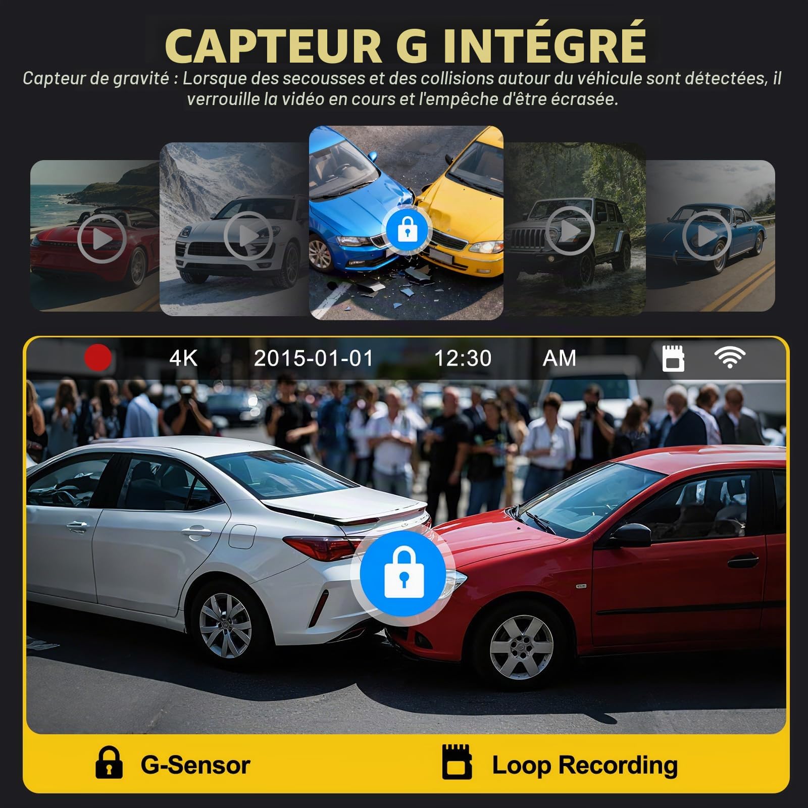 Caméra embarquée, grand angle de 170°, 4K + 2K avant et arrière à l'intérieur, carte 64 Go incluse, contrôle WiFi et application, mode stationnement 24 heures