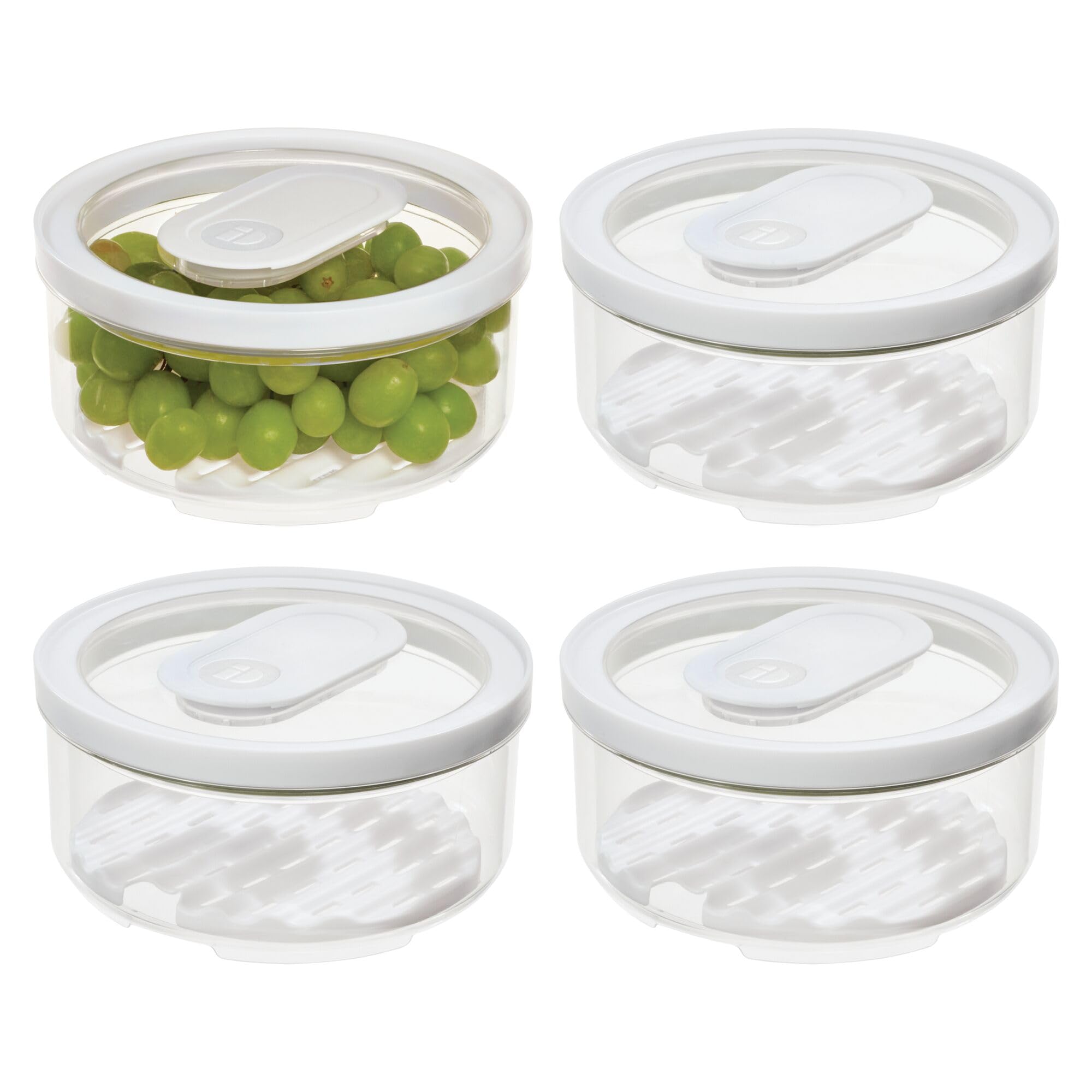 InterDesign iDesign - Pattumiera piccola rotonda per frigo, con vassoio di drenaggio rimovibile e coperchio, set da 4, trasparente