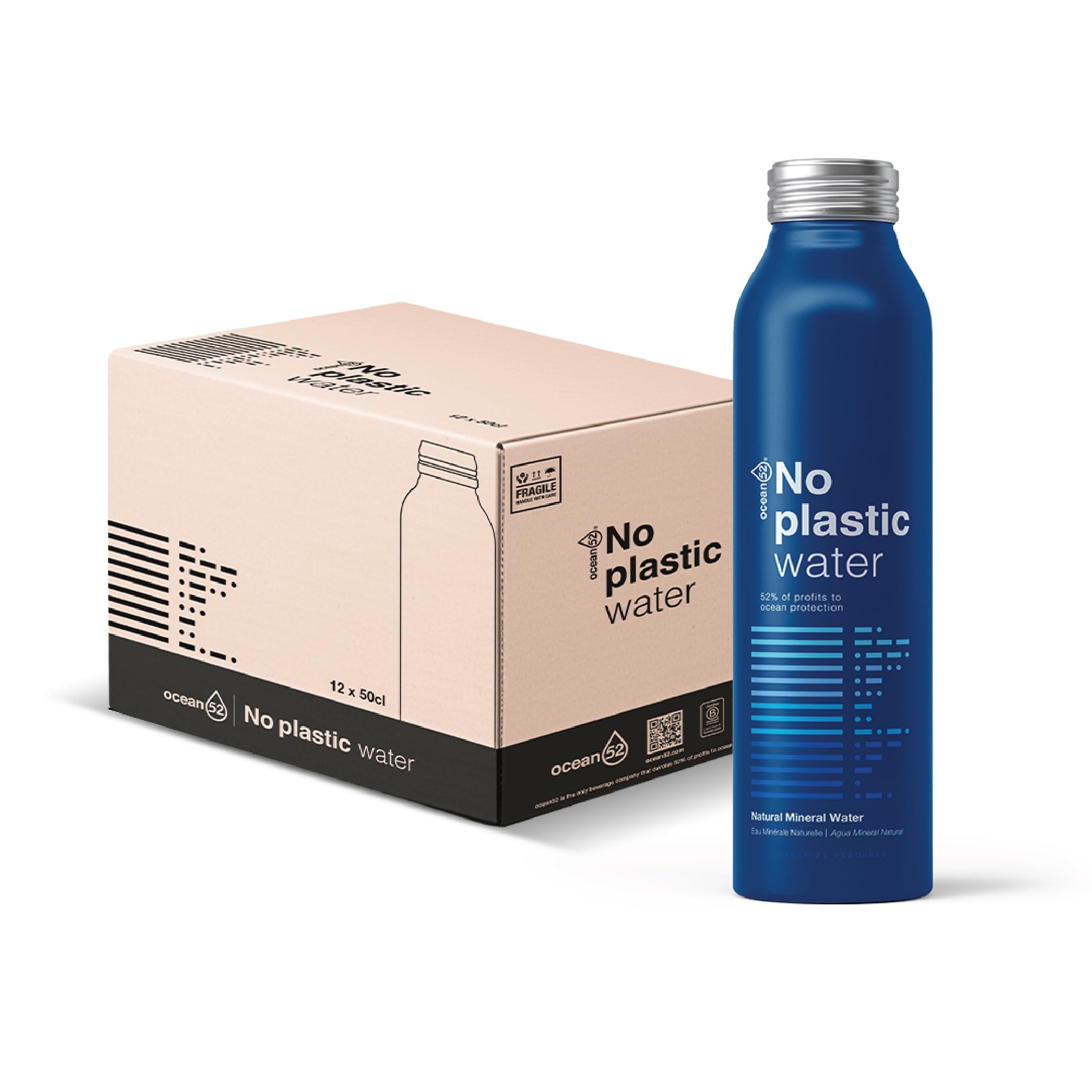 Agua en Botella No Plastic Water de Ocean52. Agua Mineral Natural - Pack 12 unidades x 50cl. 12 botellas reutilizables de 50cl. Manantial Source du Roy - Ogeu-les-Bains - France.