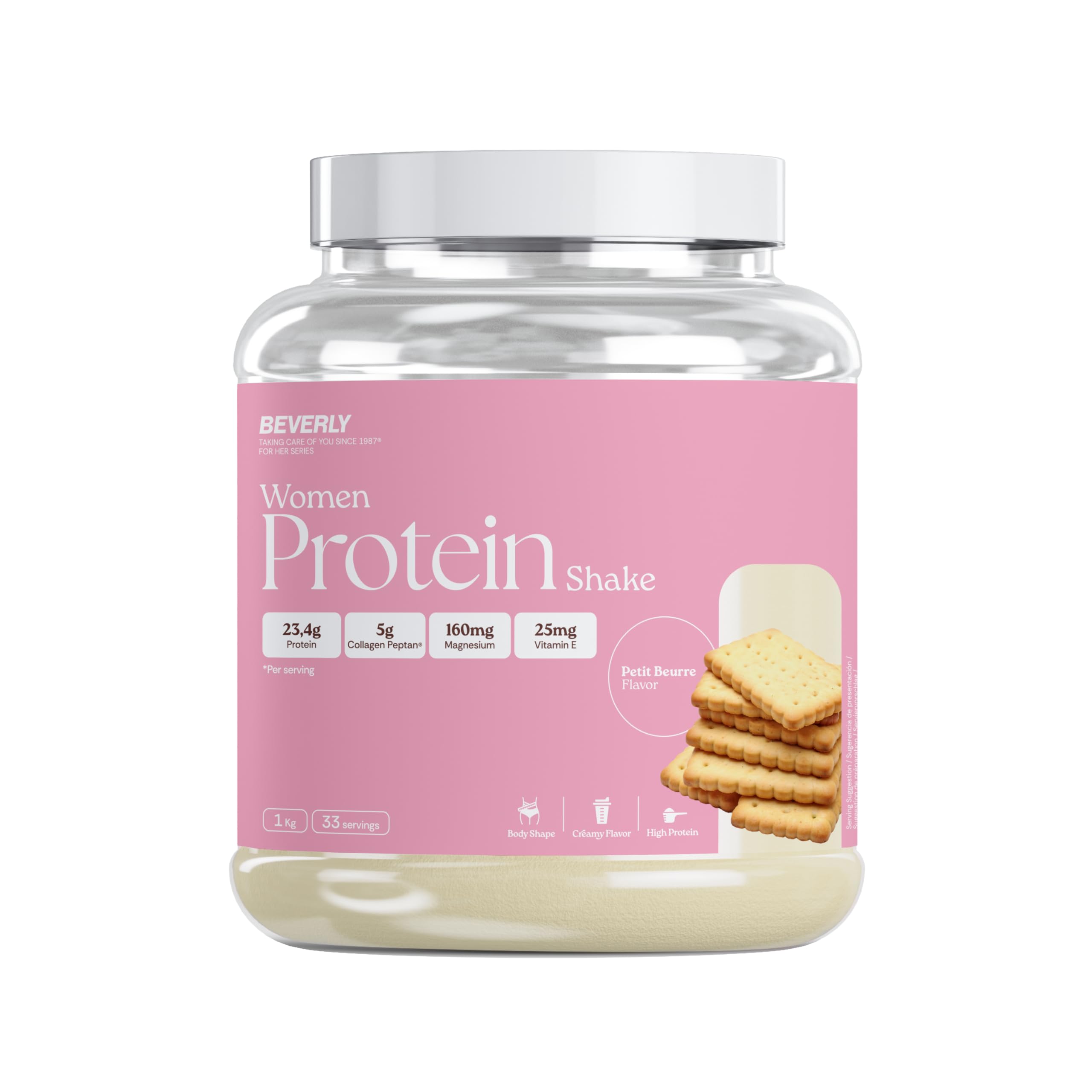 Beverly Women Protein - Protéine de lactosérum spéciale pour femmes avec collagène marin, magnésium et vitamine E - 1 Kg - 24 g de protéines par portion - 33 portions - Saveur (1 Kg, Petit Beurre)