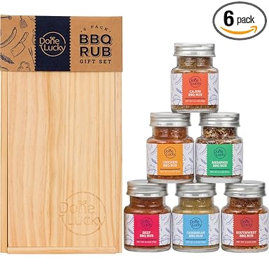 BBQ Rub Gift Set - Spice Gift Set in Premium Wooden Box - Great Grilling Gift for Father's Day, Christmas, Birthday for Him, Dad, Men, or Her - Unique Barbecue Seasonings (Set of 6)