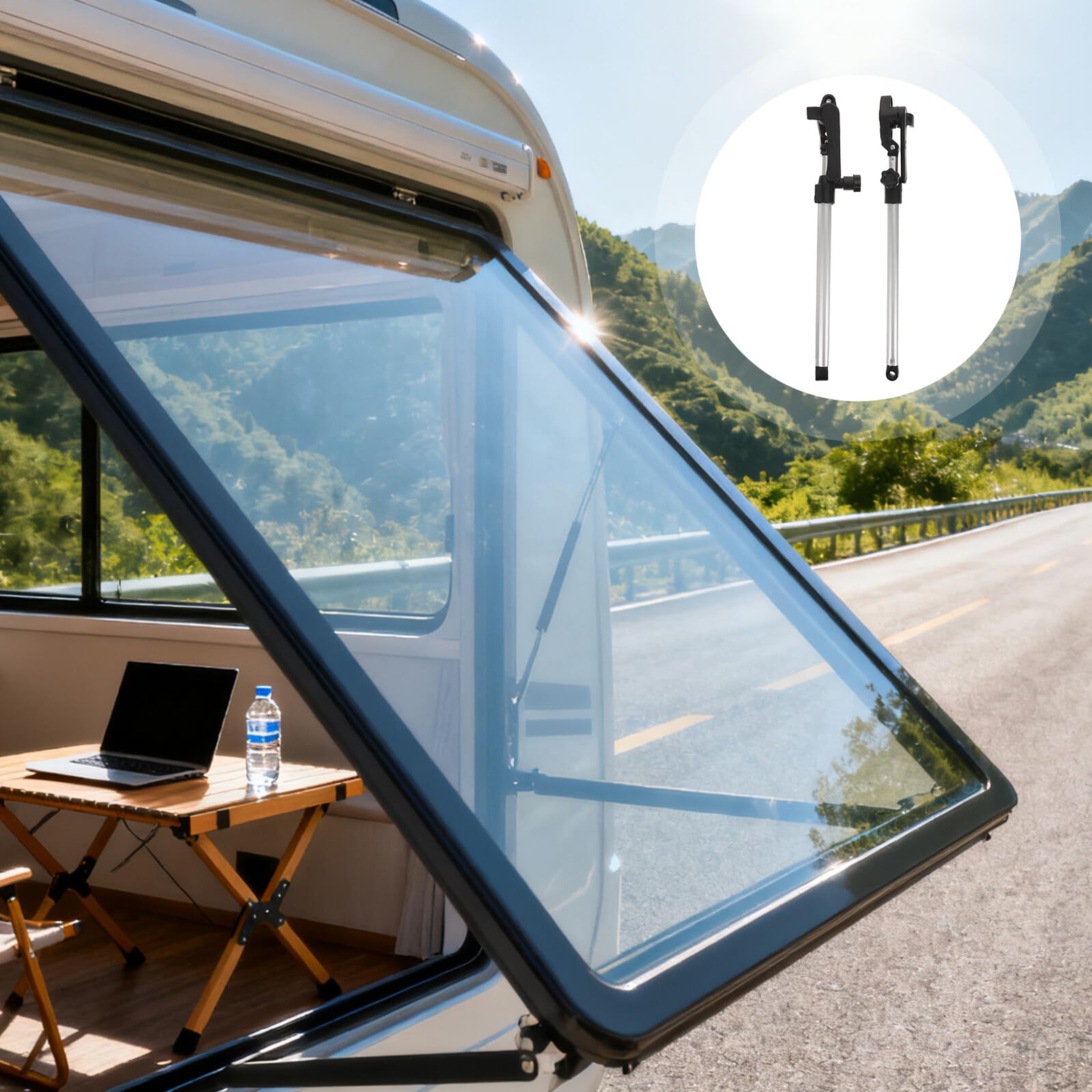 verstellbare Einfacher aus Aluminiumlegierung Fensterstützstange mit Stabiler Halterung Montage für Wohnmobilfenster und für Camping und Stehende Nutzung