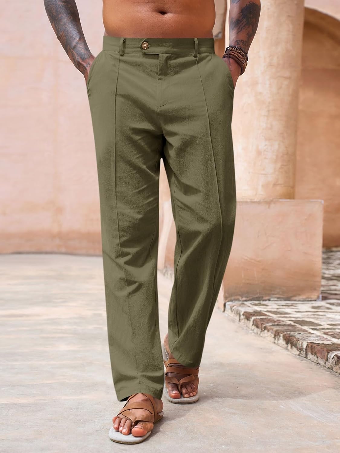 Runcati Mens Casual Pants Elastic Waist Cotton Linen Pants Pleated Loose Fit Lightweight Beach Yoga Trousers - Image 3