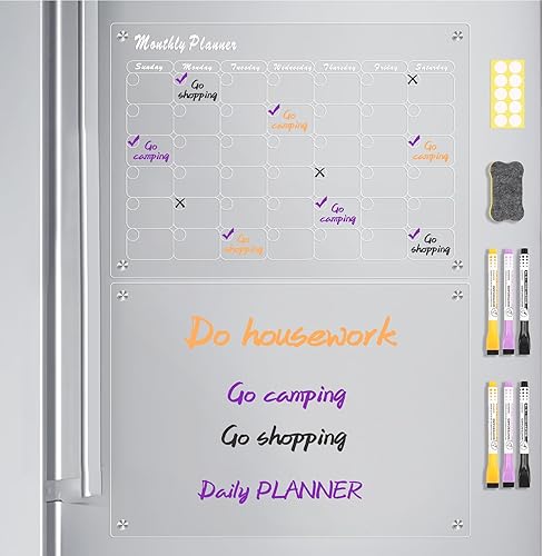 Calendario acrílico magnético de 2 piezas para nevera, tablero de calendario transparente de borrado en seco de 16 x 12 pulgadas y tablero de notas,