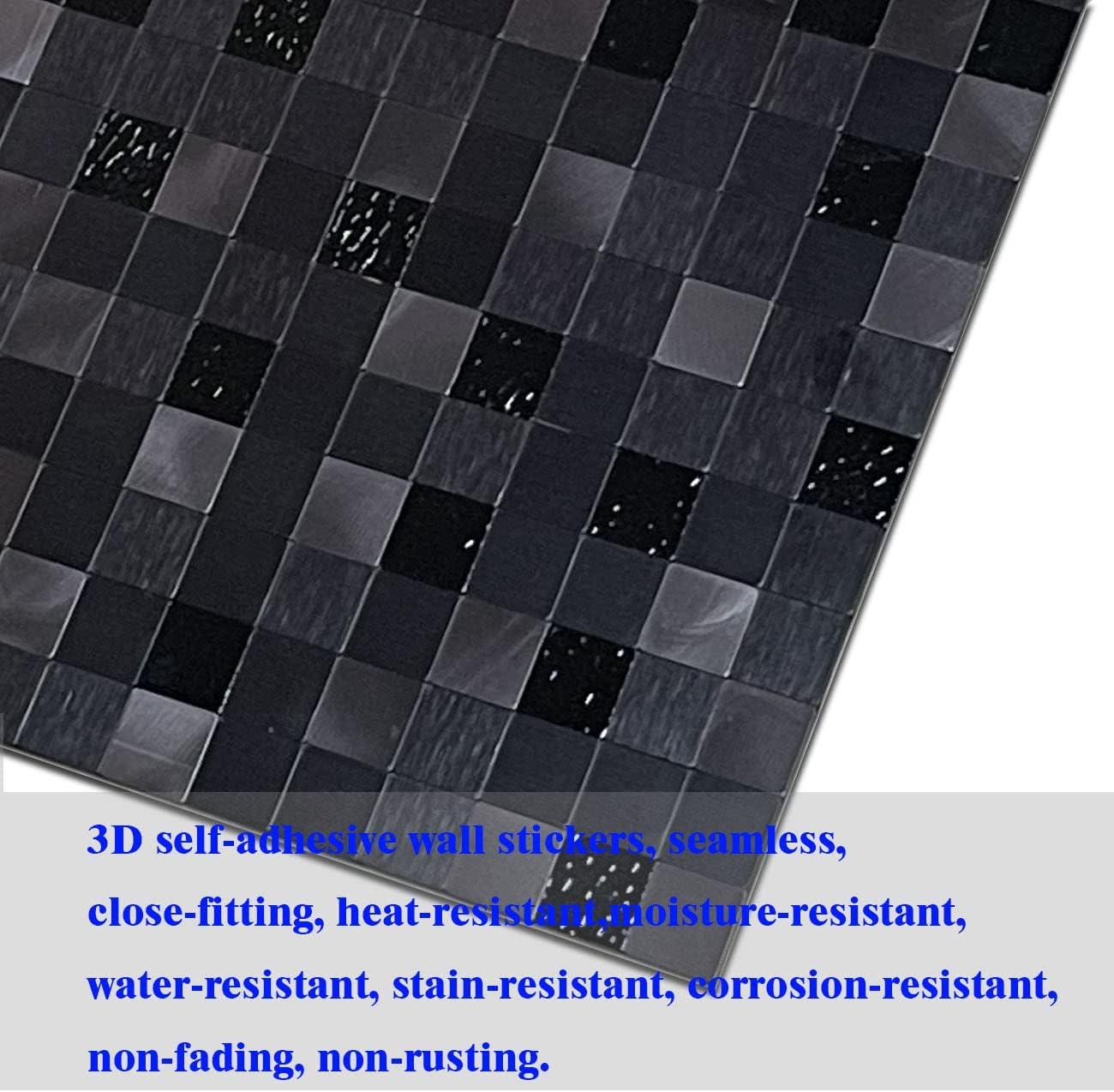 YMMXGE 10-Sheet Peel and Stick Backsplash for Kitchen， Metal Aluminum Mosaic Self Adhesive 3D Wall Sticker Panel 11.81"x11.81"x0.15", 4.8 sq.ft (10, Black)