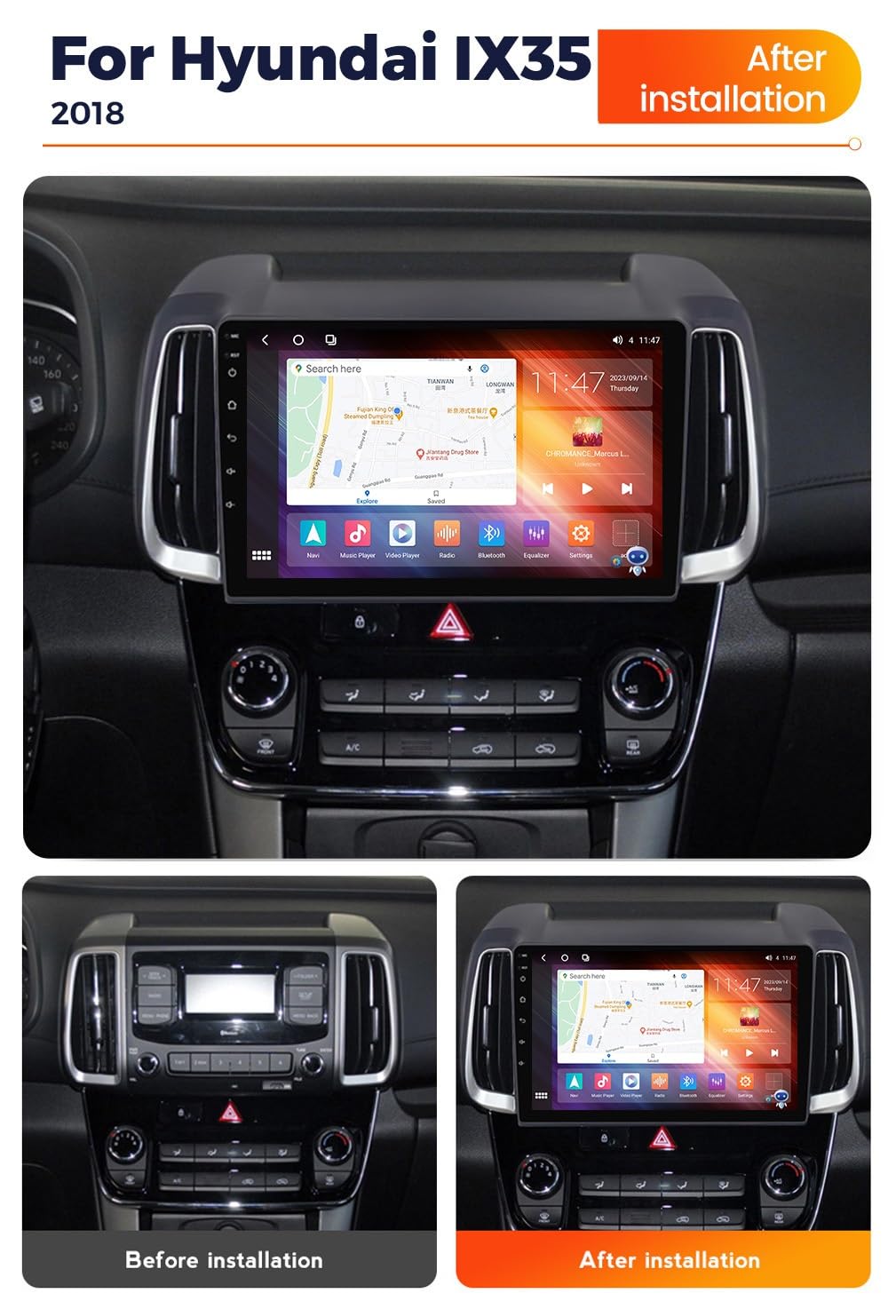 22.9 cm Android 12 radio samochodowe GPS do Hyundai IX35 (2018-2019) - 2 DIN, FM/AM, CarPlay, Android Auto, DSP, Bluetooth, sterowanie kierownicą, sterowanie głosowe.