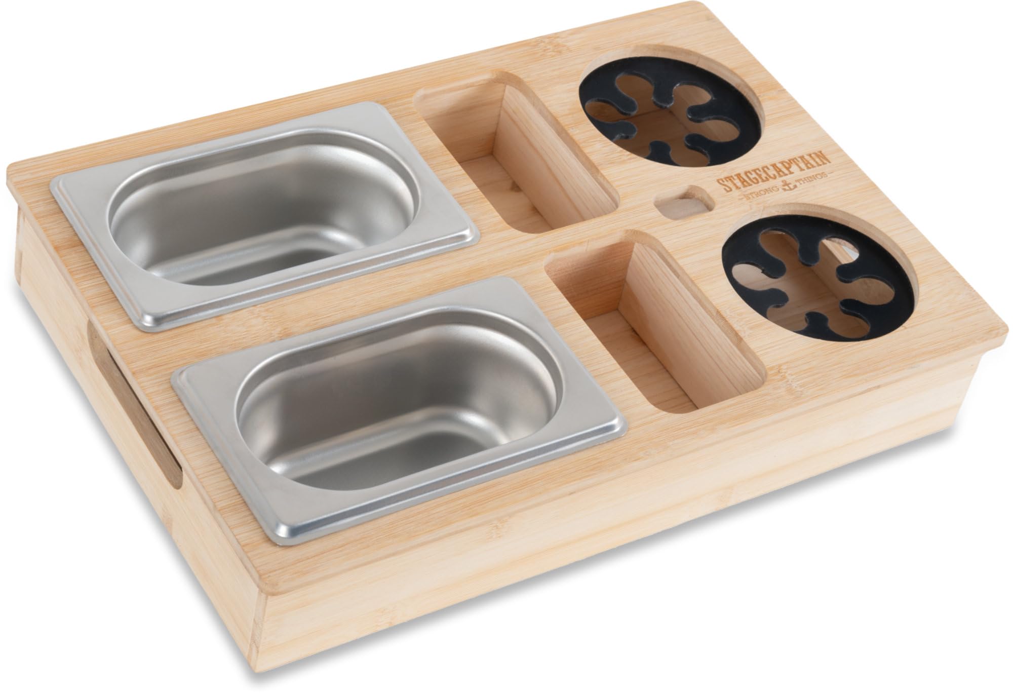 Stagecaptain CBW-45 NT Couchbar - Snackbar aus Bambus für Wohnzimmercouch - Praktische Griff-Aussparungen - 7 Staufächer für z. B. Snacks und Getränke sowie Flaschenöffner - Becherfixierung aus Gummi