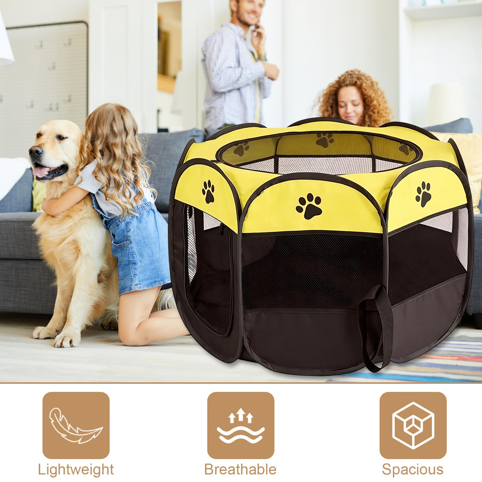 Recinto per Cani da Interno, Portatile Box Cani per Interno ed Esterni, Box Pieghevole per Cane e Gatti, Kennel Cane Piccolo, Gabbia per Gatto, Cucciolo Conigli, 74 x 74 x 43 cm (Giallo)
