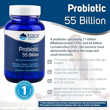 Trace Minerals Probiotic 55 Billion - High-Potency Probiotic for Small & Large Intestine Support - Age-Related Gut Support - Delayed Release Technology - Gluten-Free - 30 Count (30 Servings)