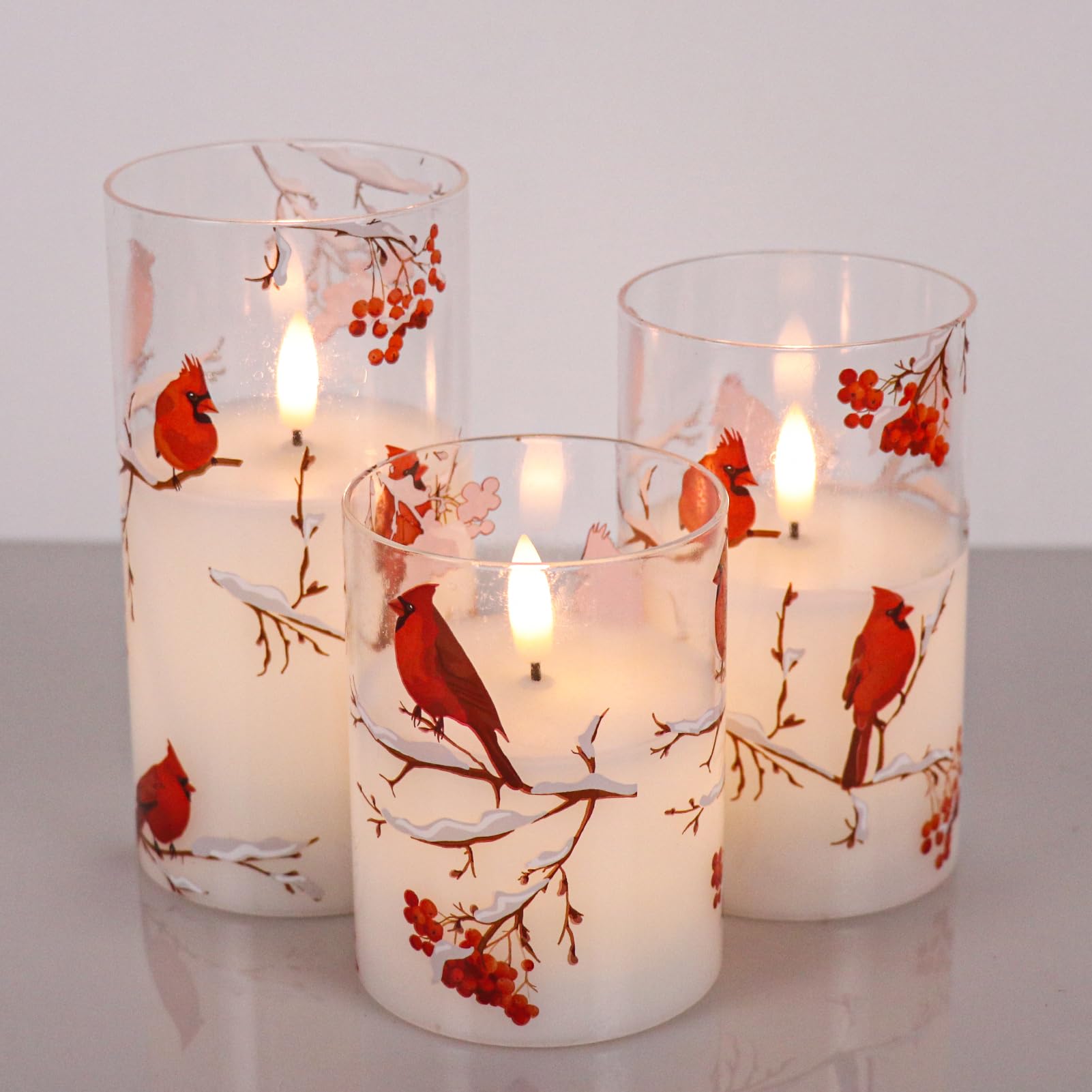 Eldnacele Velas LED de cristal de pájaro rojo con mando a distancia y temporizador, funciona con pilas, luz parpadeante sin llama, velas de pilar de cera real para la decoración navideña del hogar