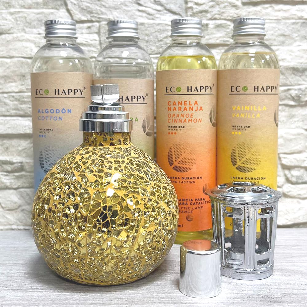 Pack Lámpara Catalítica Mosaico Dorado + Fragancia Vainilla 245ml + Limpiador Neutro + Mecha Repuesto - Sanea y perfuma el Ambiente