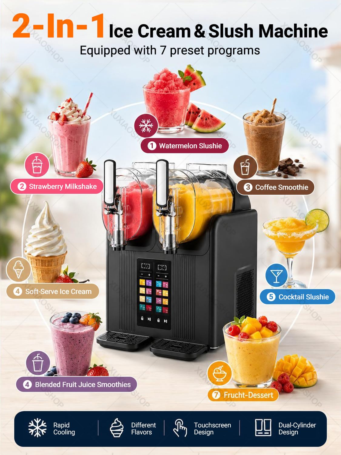 Slushie I Maszyna do Lodów z Dwoma Zbiornikami 2 L Black | Automatyczna Samoczyszcząca Maszyna do Mrożonych Napojów o Mocy 430 W, do Smoothie, Użytku Domowego I Dla Małych Firm