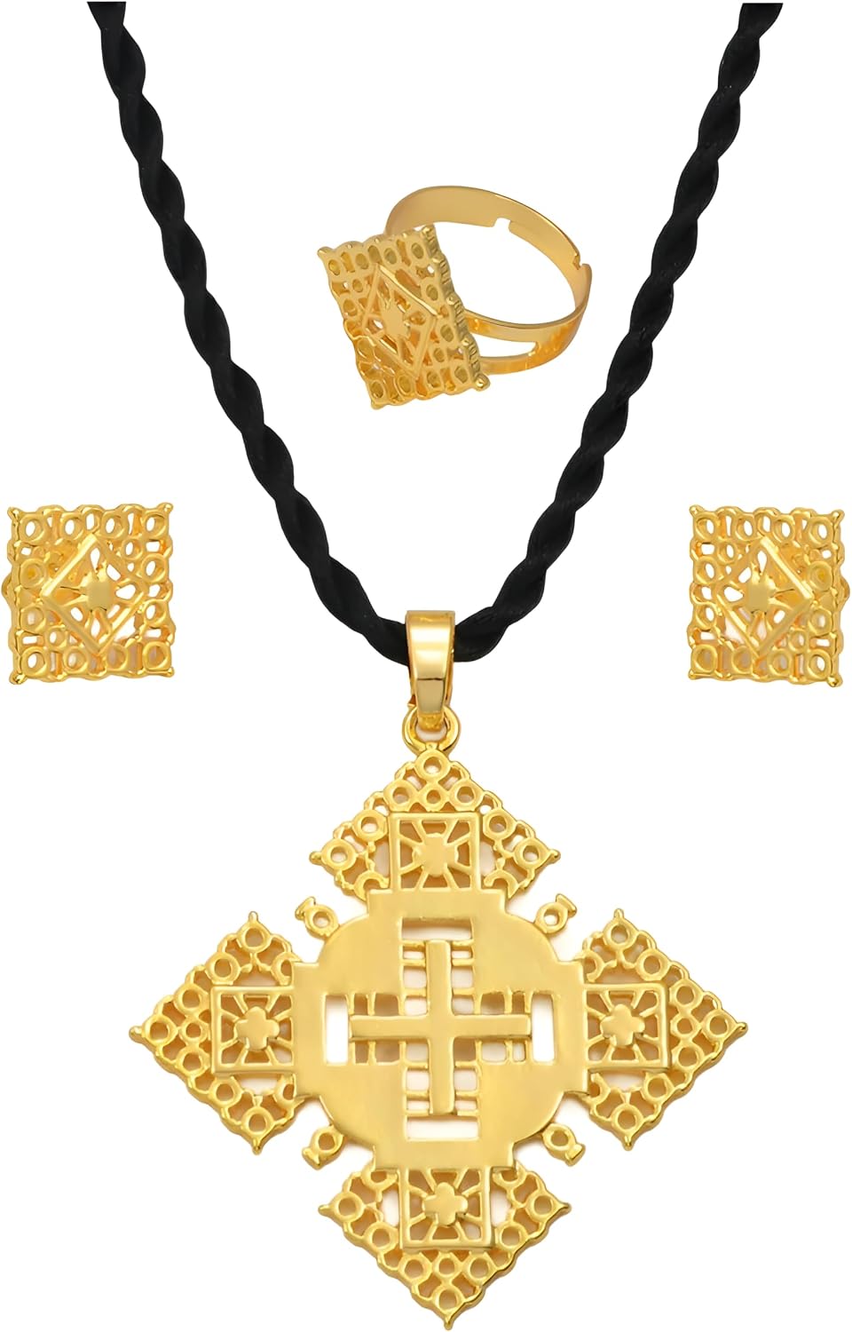 14K Gold Filled Ethiopian Cross Jewelry For Women - African Cross Pendant Necklaces Earrings Ring Traditional Religious Ornaments For Ethiopian Eritrean Israel Nigeria (5 (17.7inch) - Ethiopian Cross Necklace)