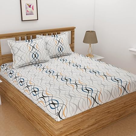 SADASHIV Premium Super Soft 200 TC Printed Fitted Bedsheet with 2 Pillow Covers (74x80 Inches) Fits Upto 12 inch Mattress - Waves