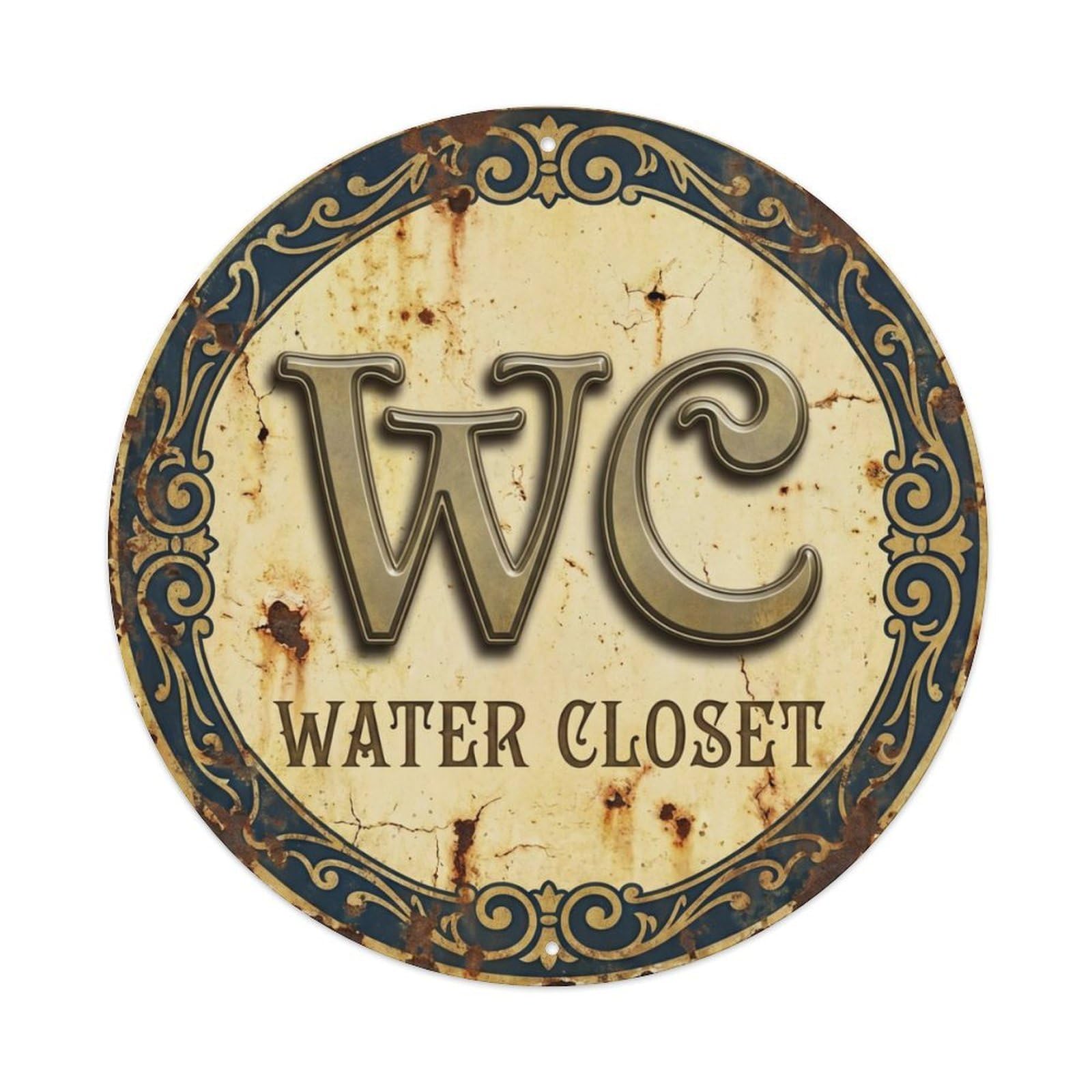 Toilet （WC） Nouveau Plate Metal Tin Sign Plaque Wall Decor for Cafe, Club Bar, Office, Home Garden Round Metal Poster 8x8Inch