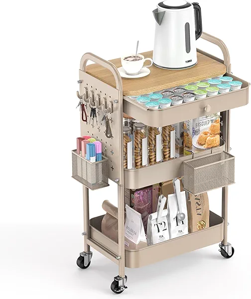 ALVOROG Rolling Cart with Drawer and Wood Table Top, 3 Tier Metal Rolling Utility Cart on Wheels with DIY Pegboards, Hanging Baskets, Hooks for Kitchen, Bedroom, Office, Craft Supplies