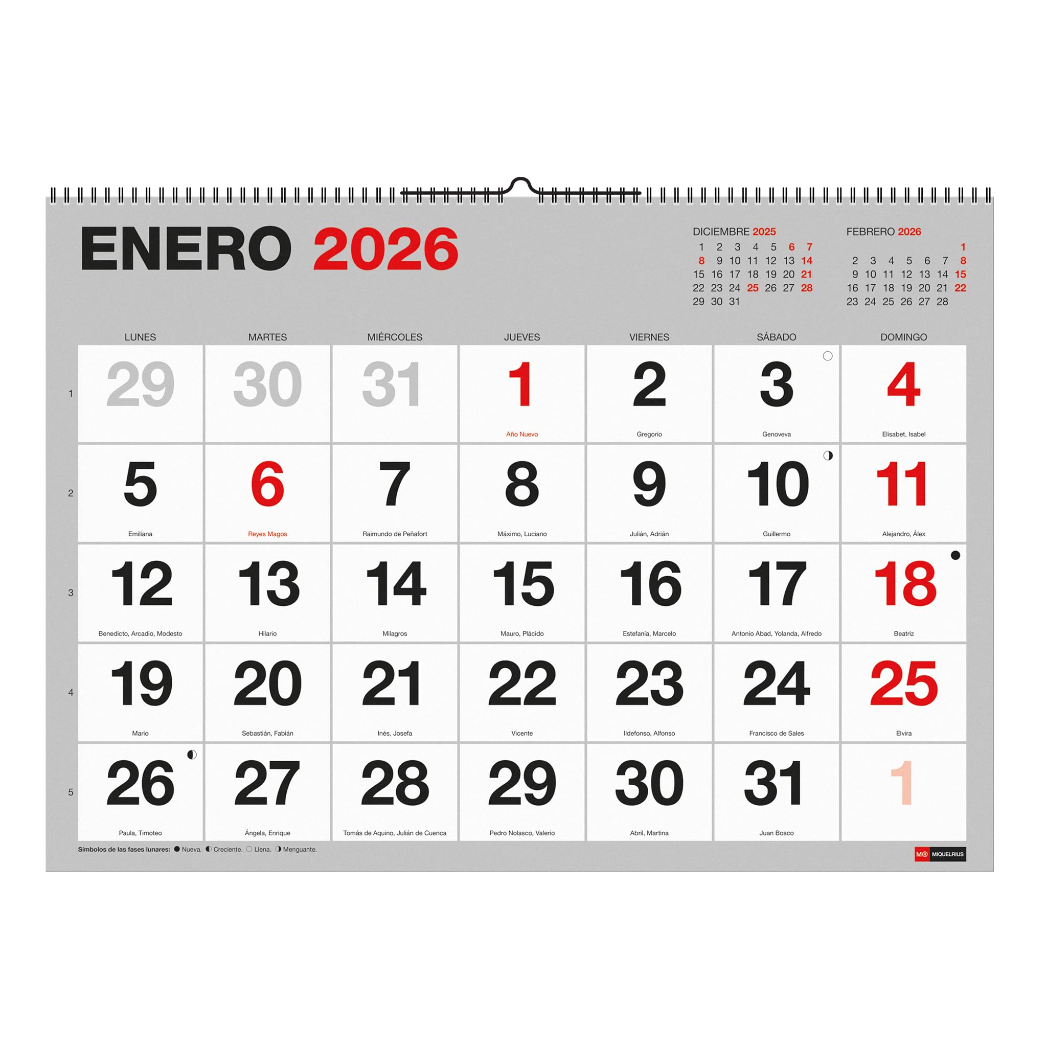 Miquelrius - Calendario 2026 de pared Basic, Organizador anual 590 x 420 mm, Con espacio para anotar, Números grandes, Encuadernación espiral doble, Planificador 12 meses XL, Español