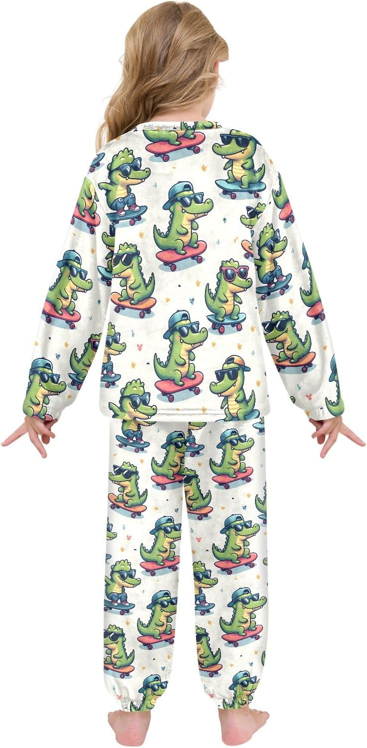 Kids Flannel Sets Cute Little Crocodile Playing Skateboard Warm Plush Relaxed Clothing for Boys and Girls