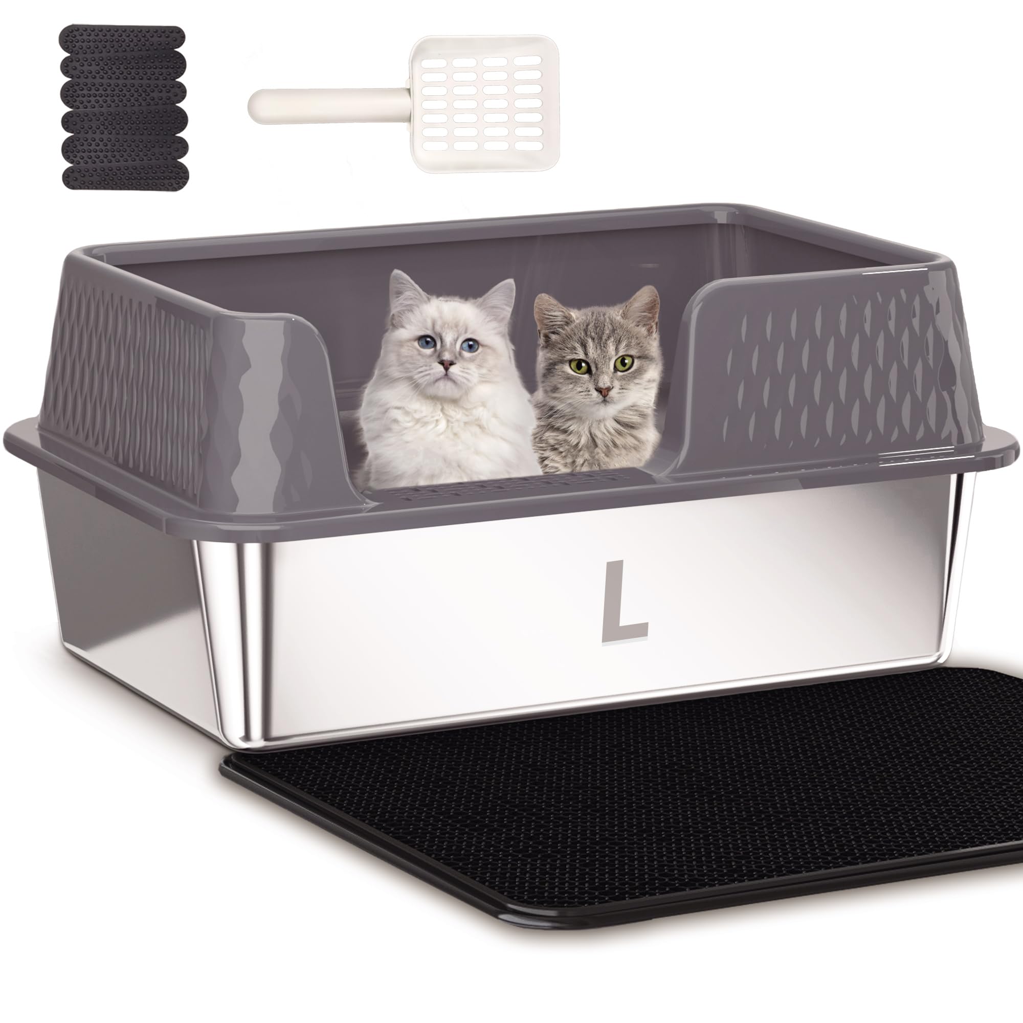 Pawsayes Stainless Steel Cat Litter Tray for All Cats Large Cat Litter Trays Anti-Splash High Wall Sided Enclosure Cats Litter Box (50x35x25 cm) (Grey)