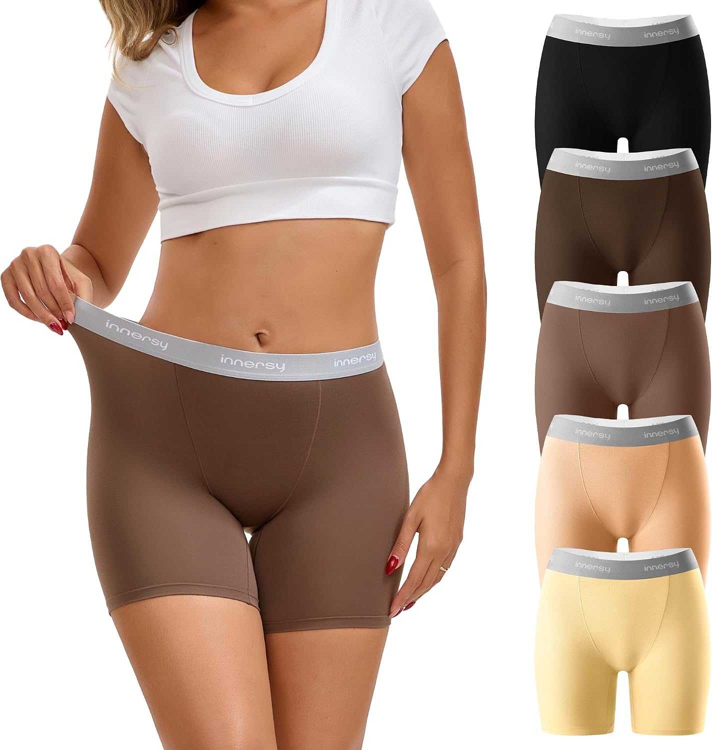 INNERSY Boy Shorts Underwear for Women High Waisted Ladies Panties Boxer Briefs Breathable Stretch 5 Pack