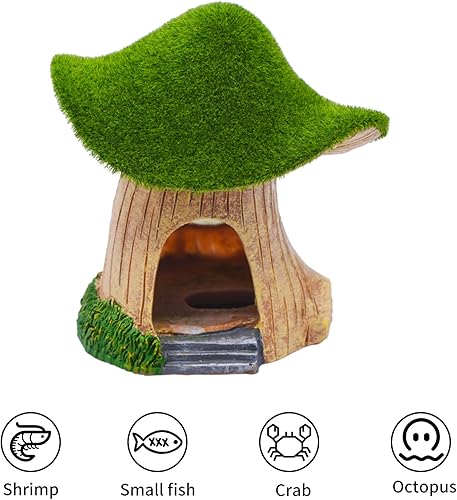 AnRui Green Moss Mushroom Aquarium Decor Cute Fish Tank Decorationss Resin Aquarium Decor Hideout Cave Ornament for Small Fish, Shrimp, Hermit Crab, Goldfish and Reptiles(Small)
