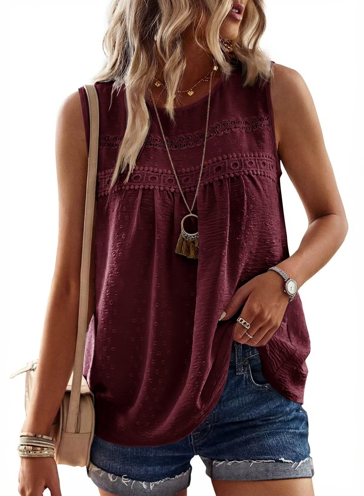 TUUHAW Tank Top Damen Sommer Bluse Ärmellose Oberteile Elegant Swiss Dot | Rundhal Ausschnitt Oberteile, Boho Swiss Dot T Shirt, Lässig Basic Fließend, Paspel Süß Tunika, Sexy Spitze Outfits Träger