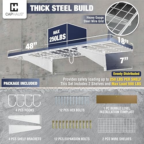 Miniatura 3 de Fencer Wire Estantería de pared de garaje de 48 pulgadas de ancho x 18 pulgadas de profundidad con 2 ganchos, estante de pared blanco, sistema de