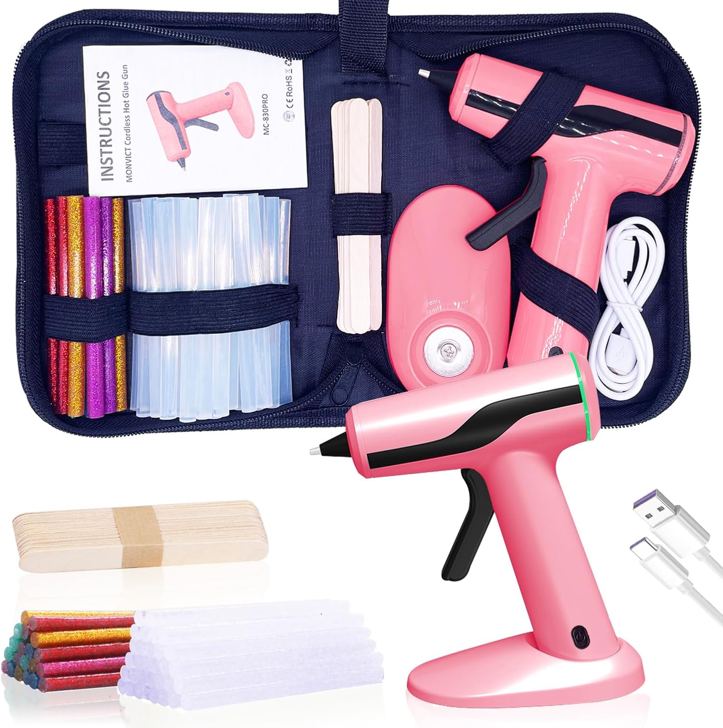 MONVICT Cordless Hot Glue Gun Kit, USBC Rechargeable Mini Pink Glue Gun with 40 Pcs