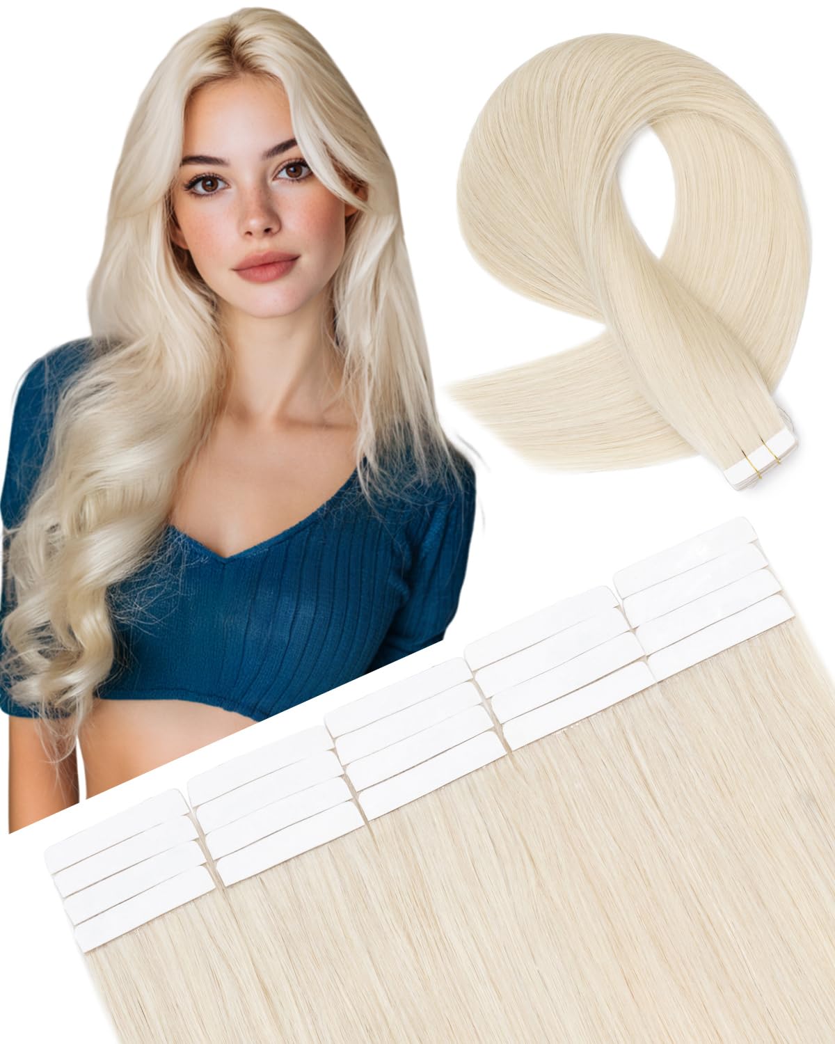 SLEEKALON Invisible Tape in Hair Extensions Real Human Hair 20 Pcs Thinned Version #70 Bleach White