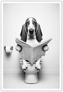 Funny Animal Bathroom Poster Vintage Basset Hound Reading Newspaper On Toilet Canvas Wall Art Black And White Restroom Print Fun Bath Wall Decor Painting For Bathroom Home Decoration 12x16in Unframed