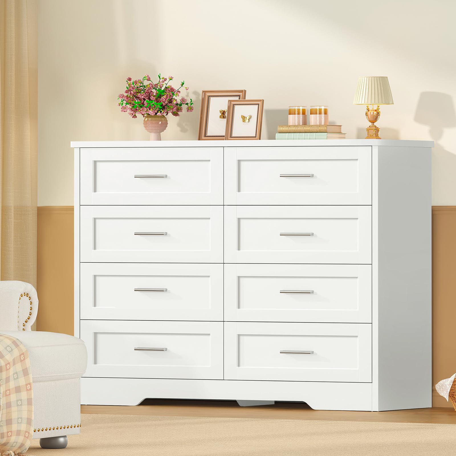 TEENFON Cassettiera Camera da Letto, Settimino con 8 Cassetti - Comò Bianco Moderno e Salvaspazio, Ideale per Soggiorno e Ingresso, 107x35x96.5 cm