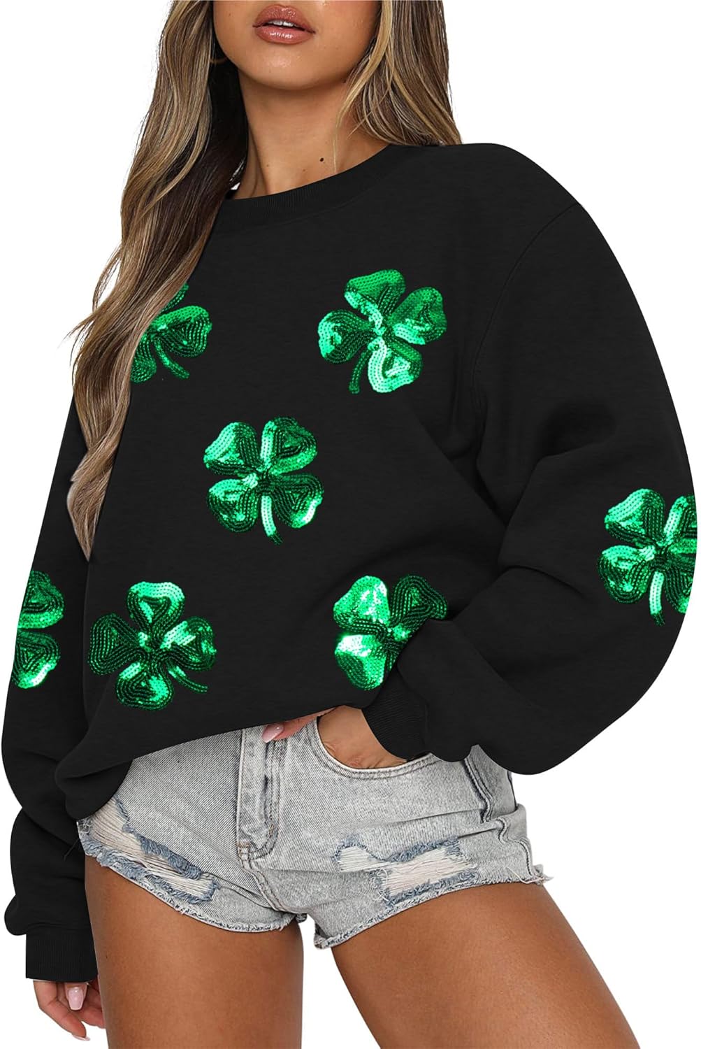MAXIMGR Women St Patricks Day Sweatshirts Sequin Leaf Clover Sweater Shamrock Shirts Casual Irish Gift Long Sleeve Pullover