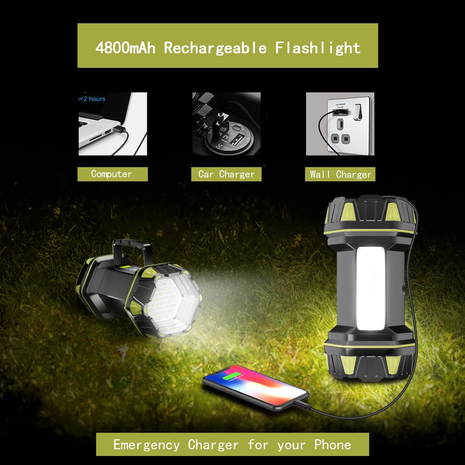 Lanterna da campeggio ricaricabile, 8 modalità, torcia a LED luminosa, 4800 mAh, impermeabile, lanterna di emergenza per esterni, uragano, cavo USB incluso