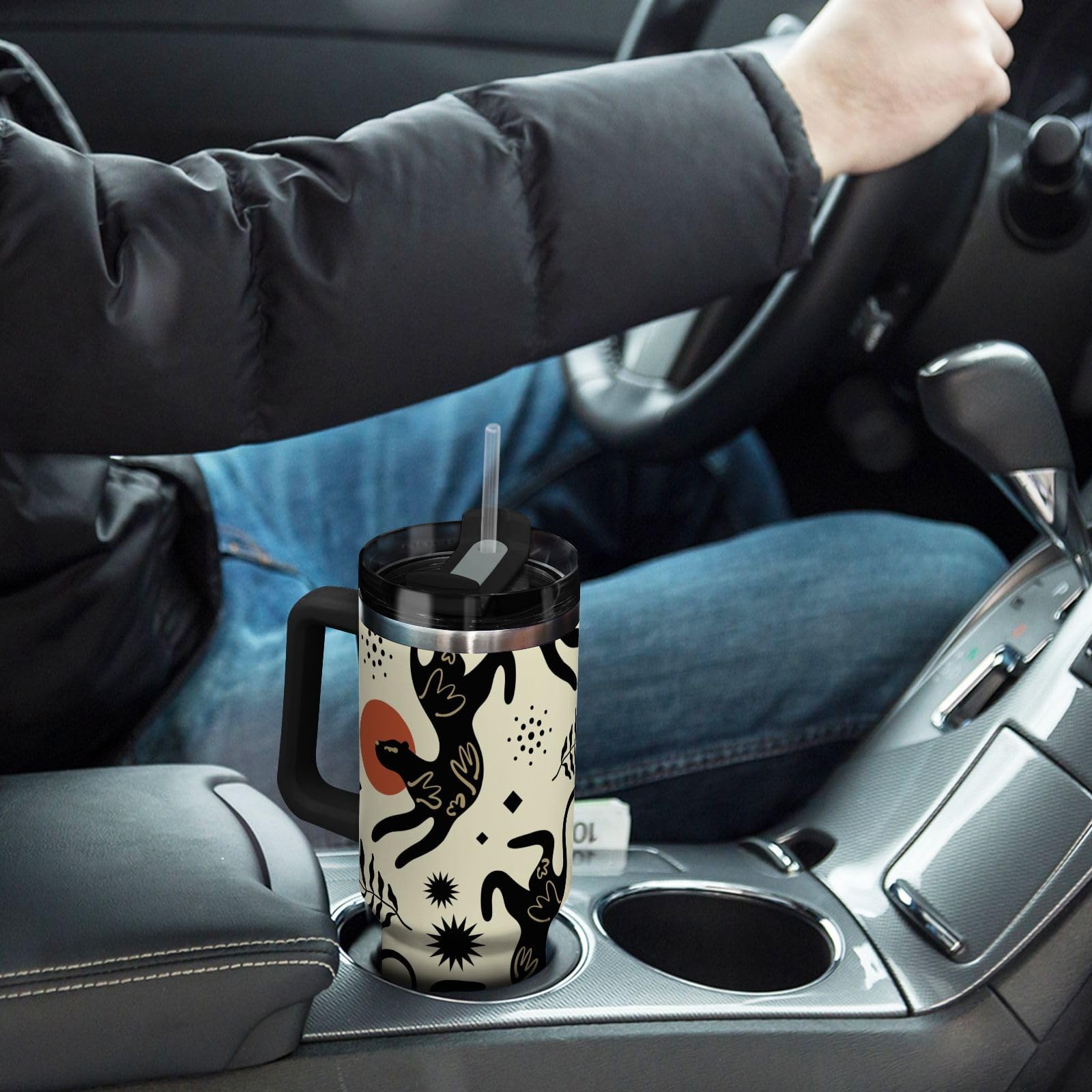 Isolierter Trinkbecher, ethnischer Boho-Leopardenmuster, doppelwandig, Edelstahl, Wasserflasche, Kaffeetasse, Reisebecher mit Griff, Strohhalm-Deckel